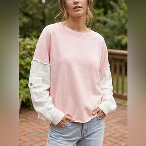 NWT! Dance & Marvel Sweatshirt Pink & White Denim Sleeve Cargo Raw Hem Sz Small